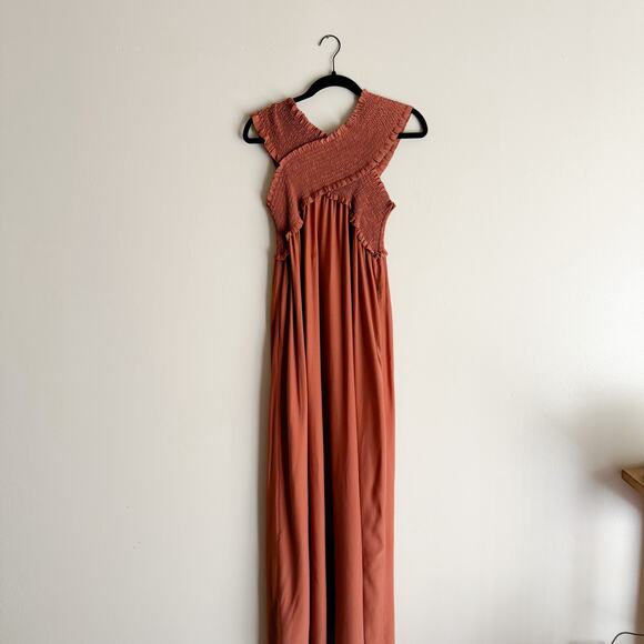 Flawless Brown Shirred Criss Cross Maxi Dress - Medium - Picture 9 of 9